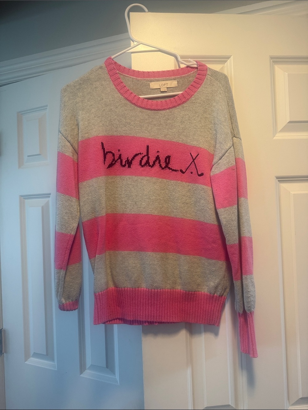 LOFT Pink and Gray Striped Crewneck Sweater with 'birdie.x' Script